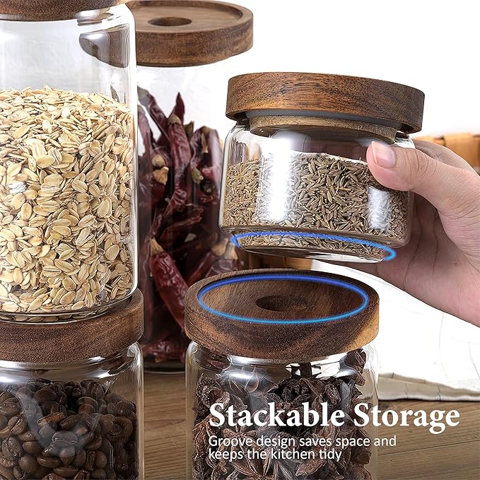 300ML/10Oz Clear Cute Glass Storage Canister Holder with Stackable Airtight Wood Lid, Modern Decorative Small Container Jar for Coffee, Spice, Candy, Salt, Cookie, Condiment, Pepper, Sugar