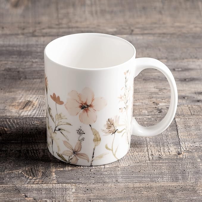 Maison d' Hermine Coffee Mug with Handles Fine Bone China Mugs Pack of One Tea Cups for Hot Beverages Cappuccino Latte Home Office Perfect for Gift (Ice Florals - Romantic Morning, 15 Ounce)