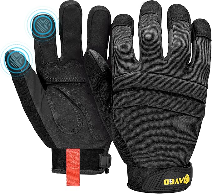 KAYGO Work Gloves For Men, KG125M Mechanic Utility Work Gloves for All Purpose, Excellent Grip, Heavy Duty, Improved Dexterity, Touch Screen,Black, 2XL