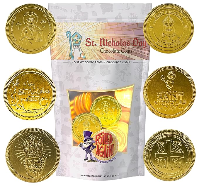 Foiled Again! Chocolate St. Nicholas Day Coins - Belgian Milk Chocolate Coins - Bright Colorful Foils - Beautiful Feast of St. Nicholas Designs - Sealed, Resealable Bag - 1 pound