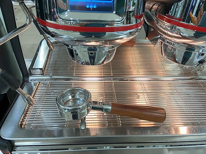 58mm Double Spout Portafilter Compatible with La Marzocco Espresso Machine Stainless Steel Espresso Portafilter with Double Shot Filter Basket Espresso Accessories-Handle Wooden