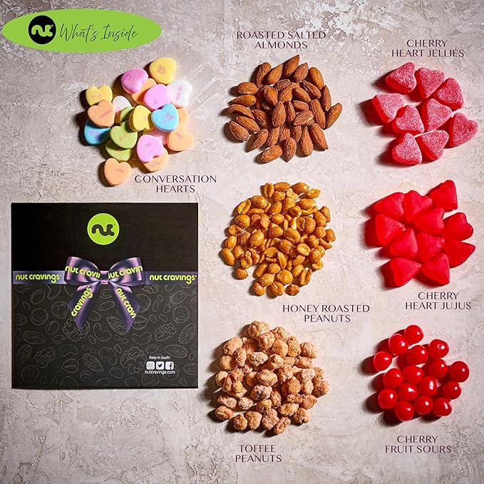 NUT CRAVINGS - Thanksgiving Mixed Nuts & Heart Candy Gift Basket in Red Gold Box (7 Assortments, 1 LB) Holiday Xmas Christmas Food Arrangement, Healthy Snack Care Package