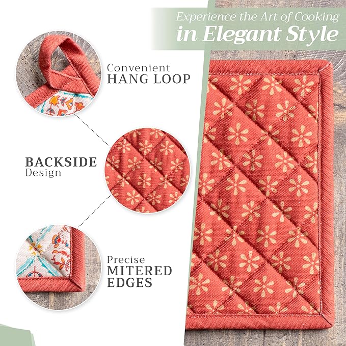 Maison d' Hermine 100% Cotton Oven Mitt & Pot Holder Set (7.5"x13" & 8"x8") Heat Resistant BBQ Cooking Gloves with Loop, Baking, Grilling, Kitchen, Handling Hot Pans (Romane)