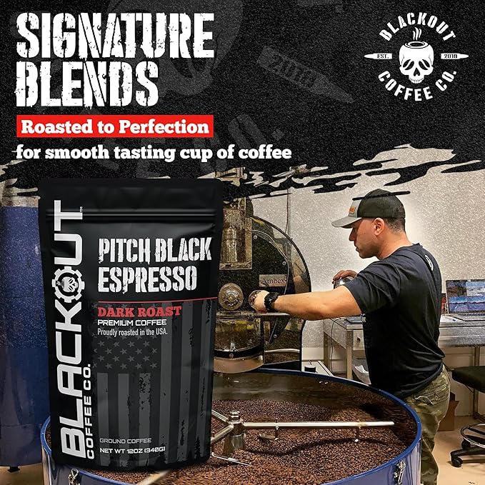 Blackout Coffee Pitch Black Espresso Ground Coffee – Extra Dark Roast, European-Style, Bold & Aromatic – Freshly Roasted 12oz Bag, American Made