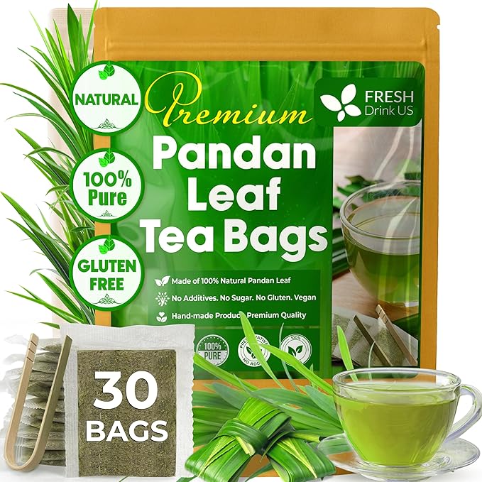FreshDrinkUS, Premium 30 Pandan Leaf Tea Bags, 100% Natural & Pure from Pandan Leaves. Loose Leaf Pandan Herbal Tea. Made with Natural Material Tea Bags. No Sugar, No Caffeine, No Gluten, Vegan. (30 Tea bags)