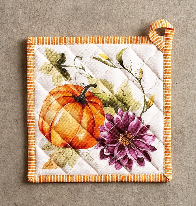 Maison d' Hermine 100% Cotton Oven Mitt & Pot Holder Set (7.5"x13" & 8"x8") Heat Resistant BBQ Cooking Gloves with Loop, Baking, Grilling, Kitchen, Handling Hot Pans (Pumpkin Garden - Cloudy Cream)