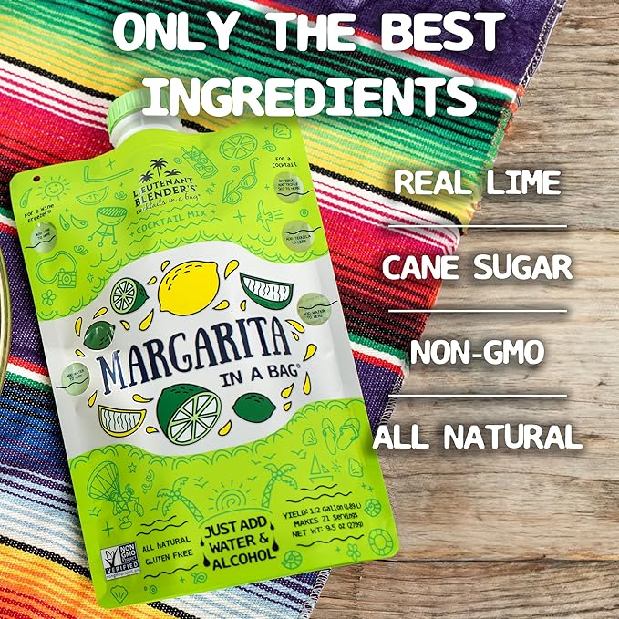 Lt. Blender's Margarita in a Bag - Margarita Mix - Each Bag Makes 1/2 Gallon of Frozen Margaritas – Non-GMO Cocktail Mix - No Blender Needed – Add Liquor, Wine or as a Mocktail (Pack of 4)