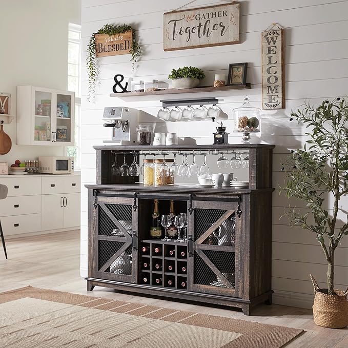 OKD Farmhouse Coffee Bar Cabinet with LED Lights, 55" Wine Bar w/Sliding Barn Door & Wine and Glass Rack, Kitchen Buffet Cabinet w/Storage Shelves for Dining Room,Dark Rustic Oak