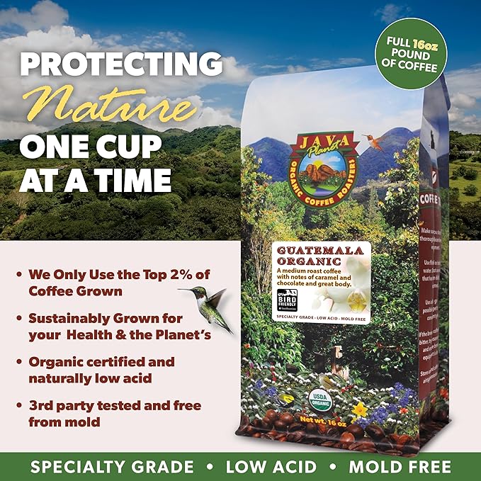 Low Acid Organic Coffee – Whole Bean, Mold-Free & Stomach Friendly by Java Planet, Guatemalan Single Origin Coffee, Medium Roast, Smooth Full Flavored, 2x1LB Bag