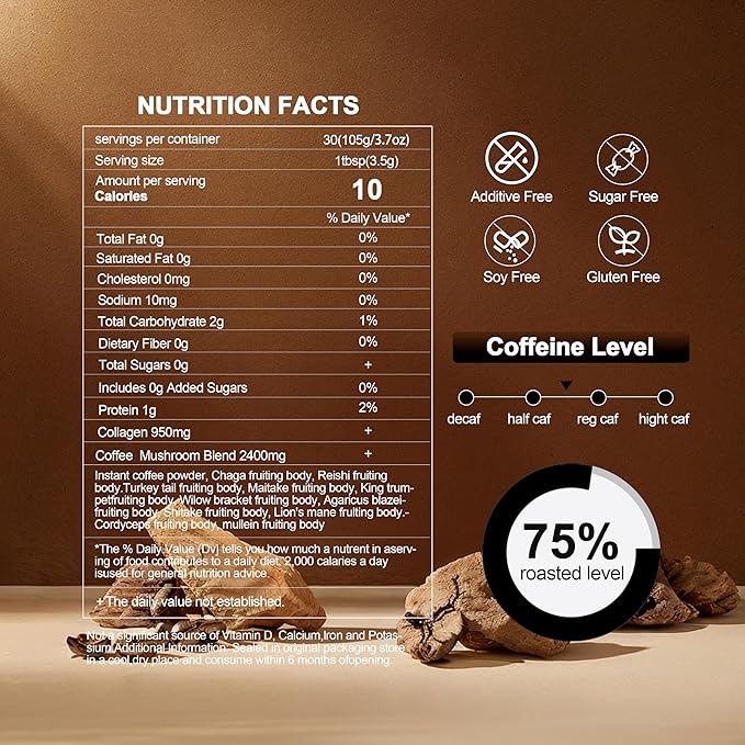 SUNDAFONE Mushroom Coffee with Grass-Fed Collagen, Mullein,Lion's Mane,Reishi and 10 Adaptogenic Mushrooms for Focus,Immunity,Memory,Clarity,Breathing,Skin; Super Instant Collagen Coffee Blend