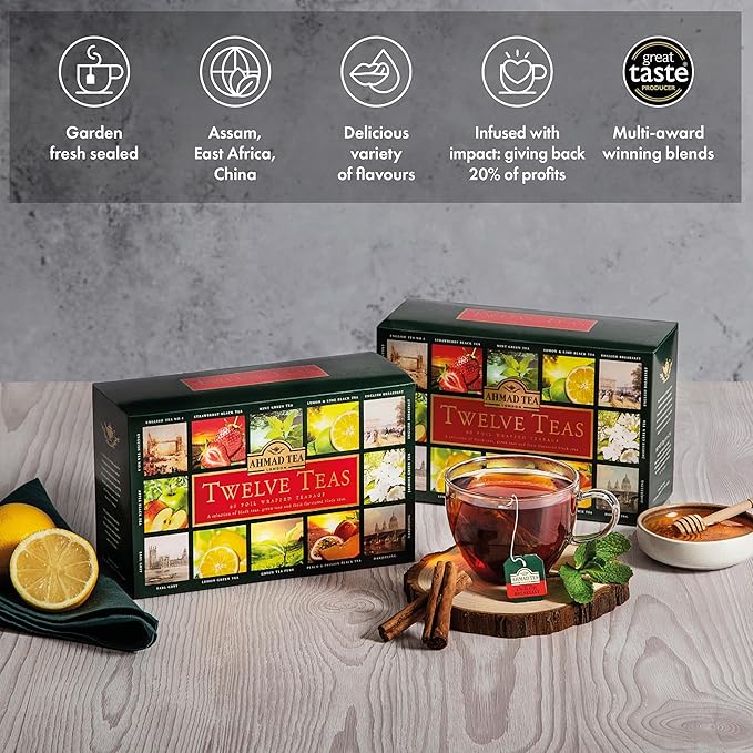 Ahmad Tea Variety Gift Box, 60 Foil Enveloped Teabags, Twelve Teas, 1 Count