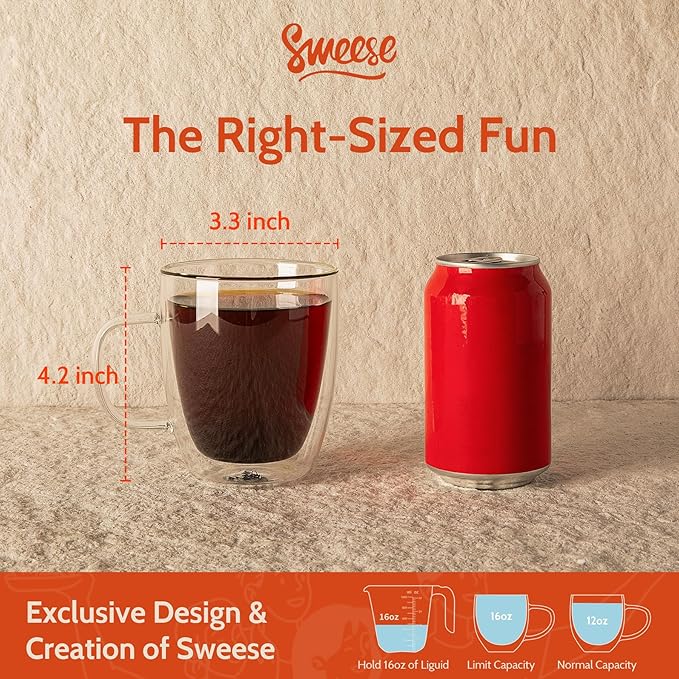 Sweese 12.5oz Borosilicate Glass Coffee Mugs Set of 4 - Double Walled, Clear Cups for Espresso, Latte, Tea