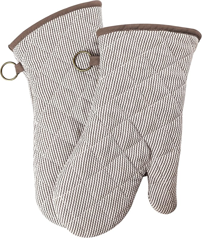 1 Pair Yarn Dyed Oven Mitts 100% Cotton Heat Resistant 470 Degree Gloves Men Women Cooking Baking Barbecue BBQ Microwave Crafting Machine Washable Pot Holders Mittens (Khaki)