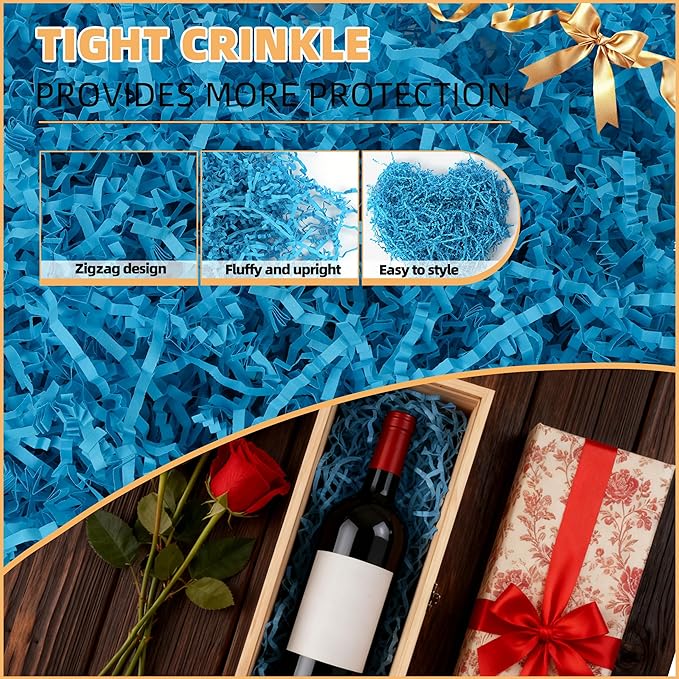 LWWTBS Crinkle Cut Paper 7oz Shredded Packing Grass Cushion Paper for Gift Baskets Christmas Wedding Birthday Bridesmaid Engagement Craft Gift boxes Bags Filler (Blue)