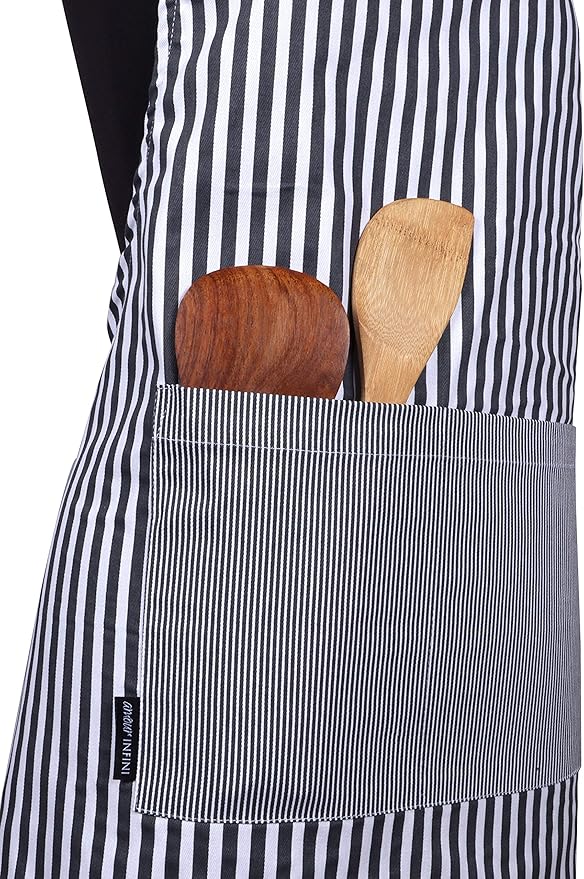 AMOUR INFINI Cotton Aprons for Women with Pockets Adjustable Strap and Waist Ties Washable Printed Aprons for Baking, Cooking, Gardening (Pack of 2- Charcoal & Yellow)