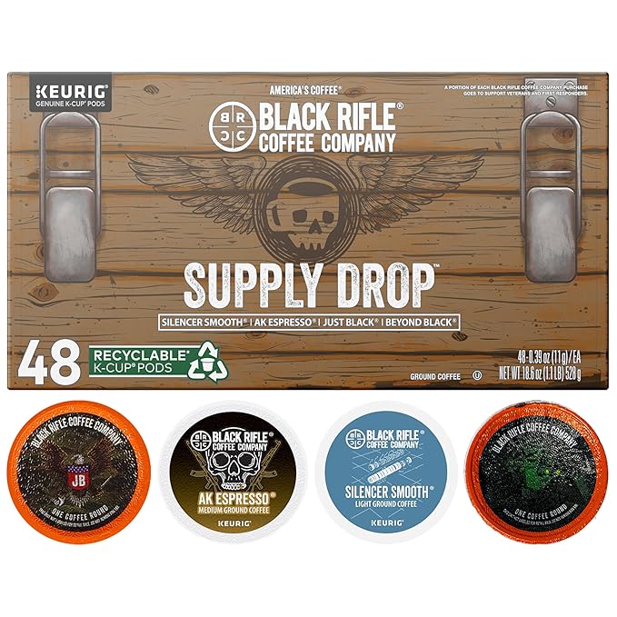 Black Rifle Coffee Company Supply Drop Variety Pack (48 Count of K Cups) - Silencer Smooth, AK Espresso, Just Black, & BeyondBlack KCup Pods - K Cups Coffee Variety Pack