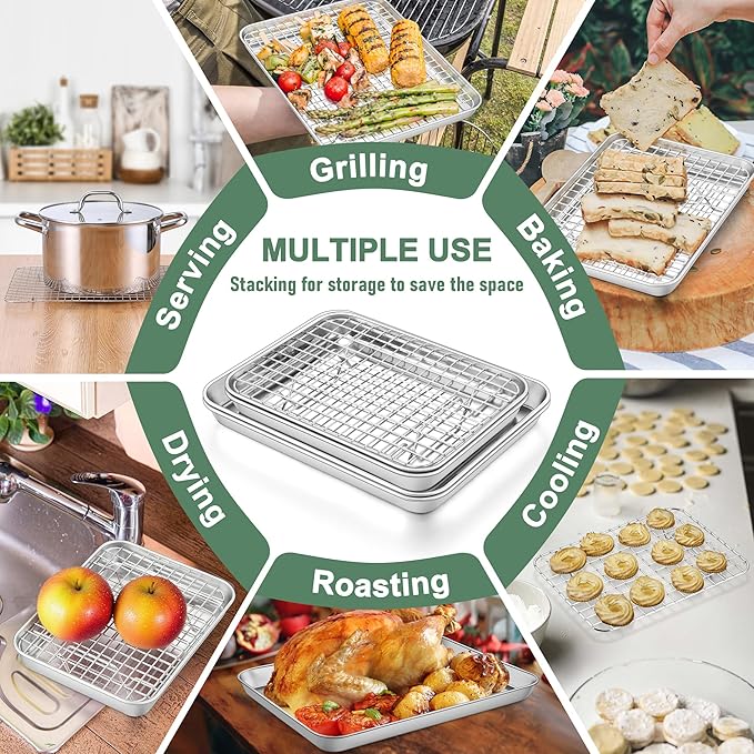 Homikit Cookie Sheet with Rack, 10 x 8 Inch Stainless Steel Small Baking Sheet with Wire Rack Set for Baking Roasting Cooling, Small Toaster Oven Pan Bacon Tray, Non-Toxic & Dishwasher Safe