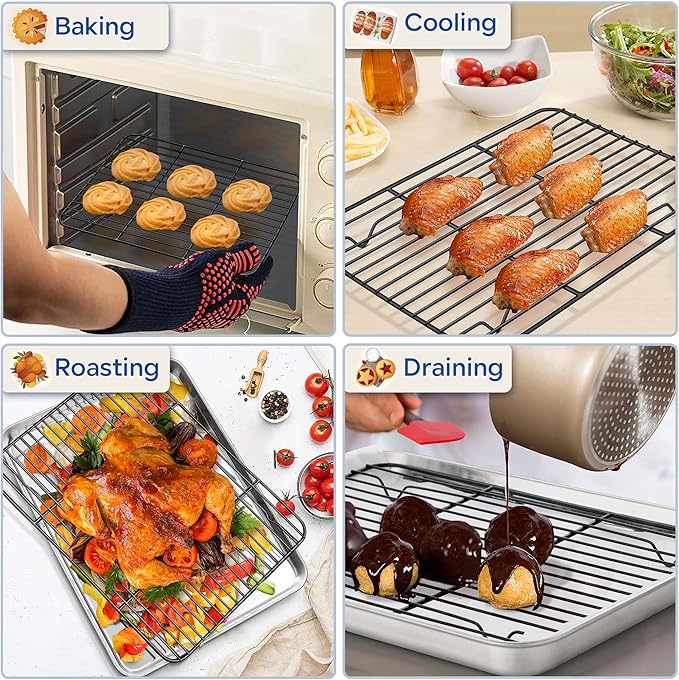TeamFar Cooling Rack Set of 4, Stainless Steel Black Non-Stick Coated Various Size Wire Baking Roasting Rack for Baking Sheet Toaster Oven Pan, Non-Toxic & Non-Stick, Heavy Duty & Easy Clean