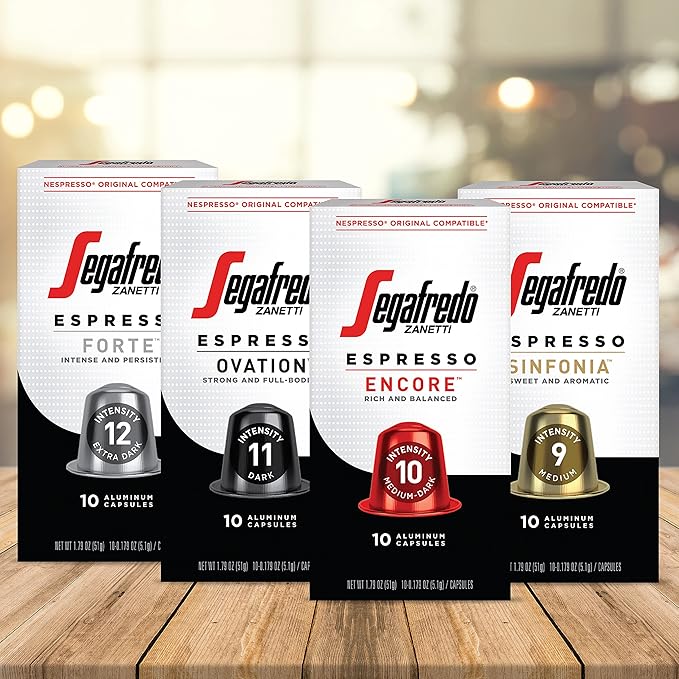 Segafredo Zanetti Espresso Capsules – Aluminum Pods for Nespresso Original Machines – Dark Roast Premium Espresso with a Full-Bodied Aroma – Strong, Intensity 11 – Ovation, 10 Count (Pack of 4)