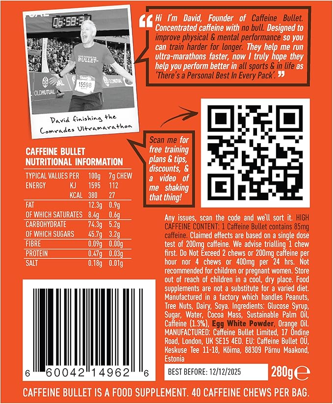 Caffeine Bullet Energy Chews - Chocolate Orange. 16 * 85mg - Faster Kick Than Pills, Gels & Gum. Sport Science for Running, Cycling, Gaming. A Pre Workout Endurance Boost.