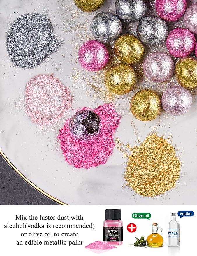 NiHome Edible Luster Dust Glitter Powder Fancy Metallic Sprinkles, Glimmer Luster Dust 4 Bottles of 0.18oz/5g for Decorating Drinks Cakes in Bakeries, Allergen-Free Food Coloring (4 Colors 20g)
