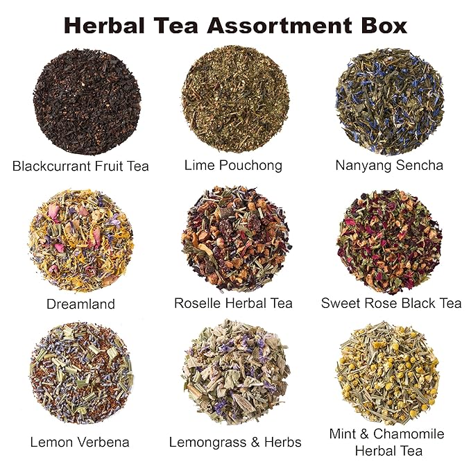 EZR Leaf Herbal & Fruit Tea Sampler Gift Box – 22 Pyramid Tea Bags with 9 Fruit & Floral Blends – Low & Caffeine Free Assortment for Relaxing Tea Lovers Lemon Verbena x3, Lemongrass & Herbs x2, Dreamland x2, Lime Pouchong x3, Nanyang Sencha x2, Blackcu...