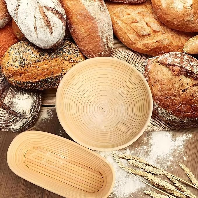 Sourdough Starter Kit, 10" Oval Banneton Sourdough Bread Baking Supplies with Bread Scoring Lame, Scrapers, Dough Whisk, Sour dough Bread Proofing Basket Tools for Fermentation
