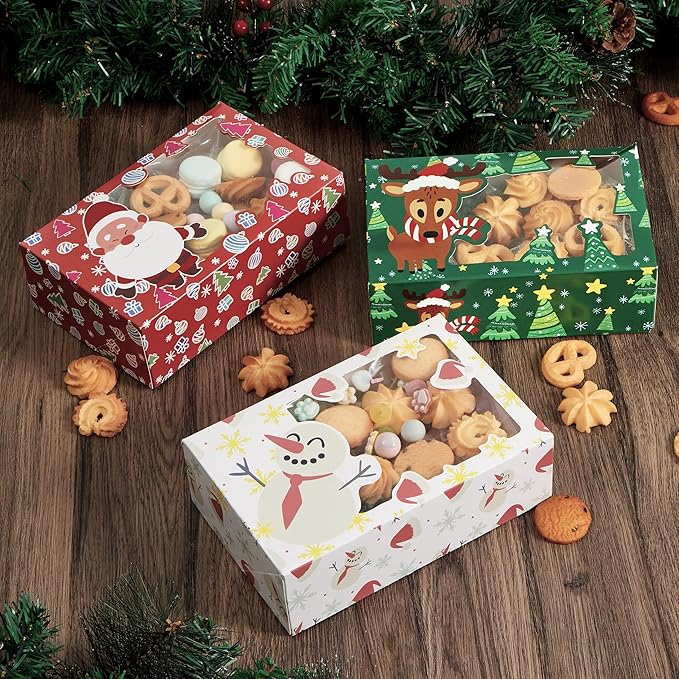 JOYIN 24 PCS Christmas Foil Treats Cookie Gift Boxes (8.75" x 5.75" x 2.75") Colorful Pattern Bakery Box with Window for Xmas Holiday Birthday Party Pastries, Cupcakes, Brownies, Donuts Gift-Giving