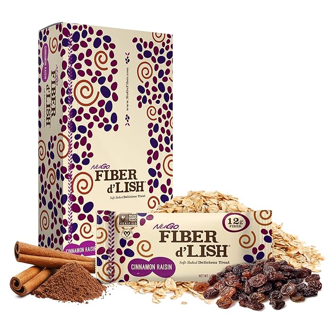 NuGO Fiber d'Lish Cinnamon Raisin, 12g High Fiber, Vegan, 150 Calories, 1.6 Ounce , 16 Count(Pack of 1)