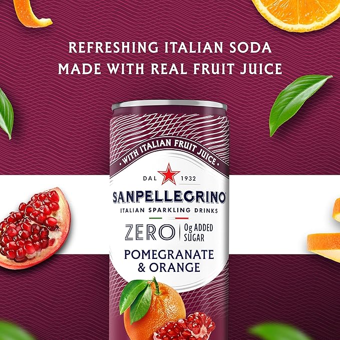 Sanpellegrino Zero Grams Added Sugar Italian Sparkling Drinks Pomegranate Orange, Sparkling Pomegranate Orange Beverage 24 Pack of 11.15 Fl Oz Cans