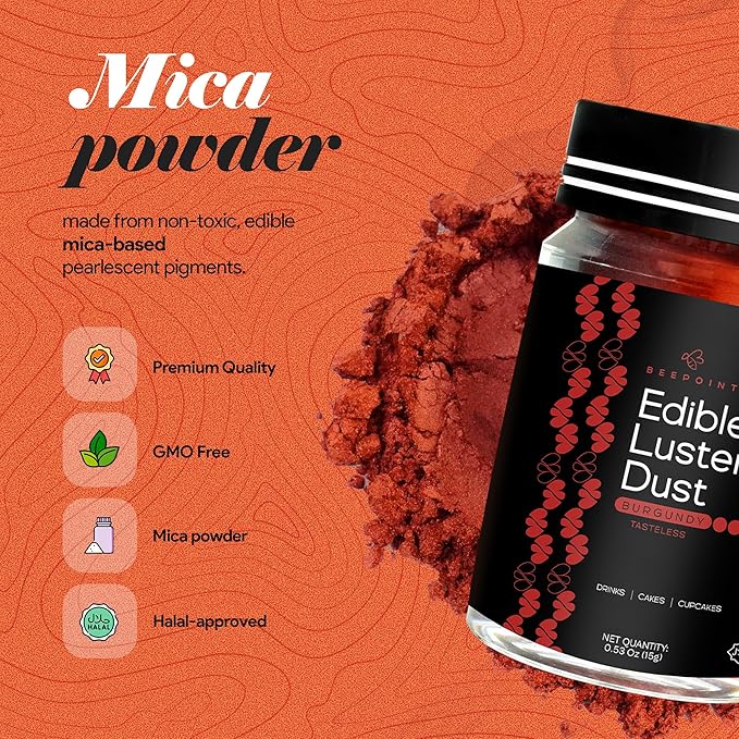 BeePoint Burgundy Edible Luster Dust 15g - Food Grade, Vibrant Color Shimmer Powdered Dust for Drinks, Cocktails, Cake Decorating, Baking, Chocolates, Candy, Sweets, & Cookies - Vegan & Gluten Free