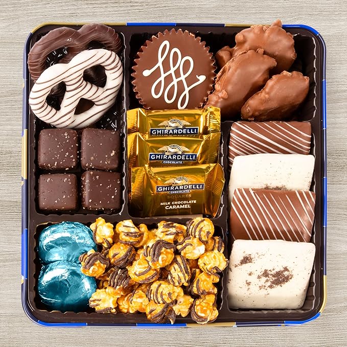 Blue Bow Gourmet Artisanal Chocolate Assortment Gift Tin for Birthday, Thank You, Business Gifts, Holiday