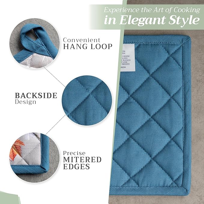 Maison d' Hermine Pot Holders Set 100% Cotton Heat Resistant Potholders 8" x 8" Hot Pads with Loop BBQ, Cooking, Baking, Grilling, Kitchen, Handling Hot Pans (Pack of 2, Equinoxe - Grey)