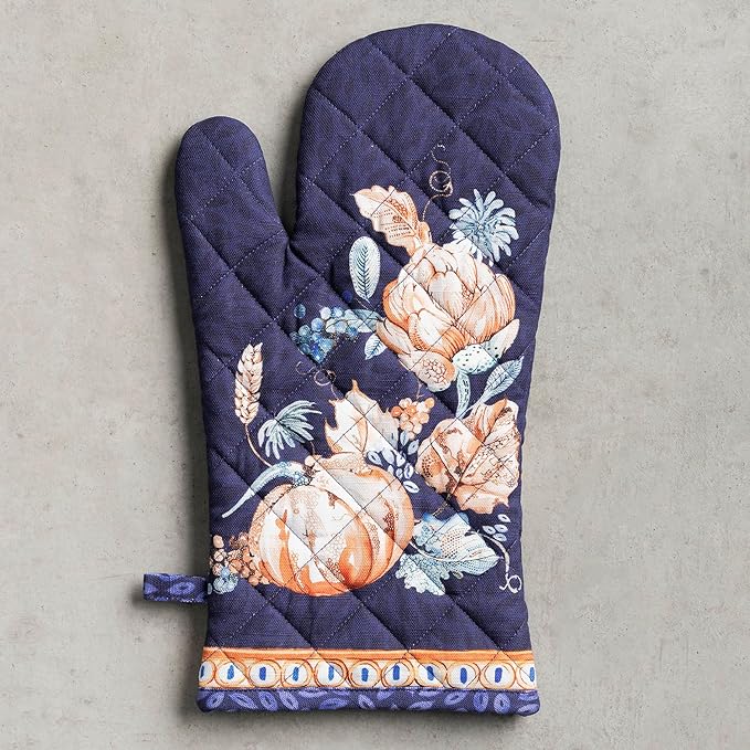 Maison d' Hermine Oven Gloves 100% Cotton Oven Mitt 7" x 13" with Loop Heat Resistant, BBQ, Cooking Gloves, Baking, Grilling, Kitchen, Handling Hot Pans (Pack of 1, Pumpkin Blues)
