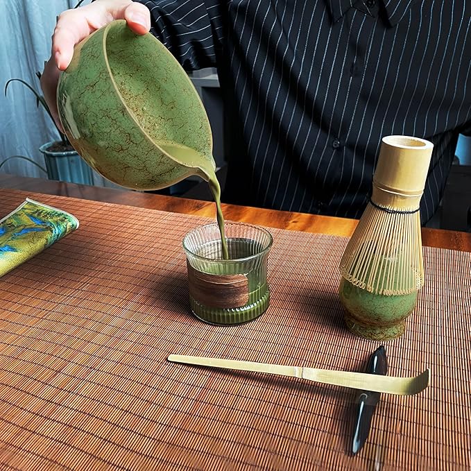 Matcha Whisk Set (7pcs) - Matcha Set with Whisk,Pouring Spout Bowl,Chasen Holder,Powder Sifter,Bamboo Scoop with Stand,Tea Cloth,Perfect Tools Kit for Tea Ceremony (Matcha Green)