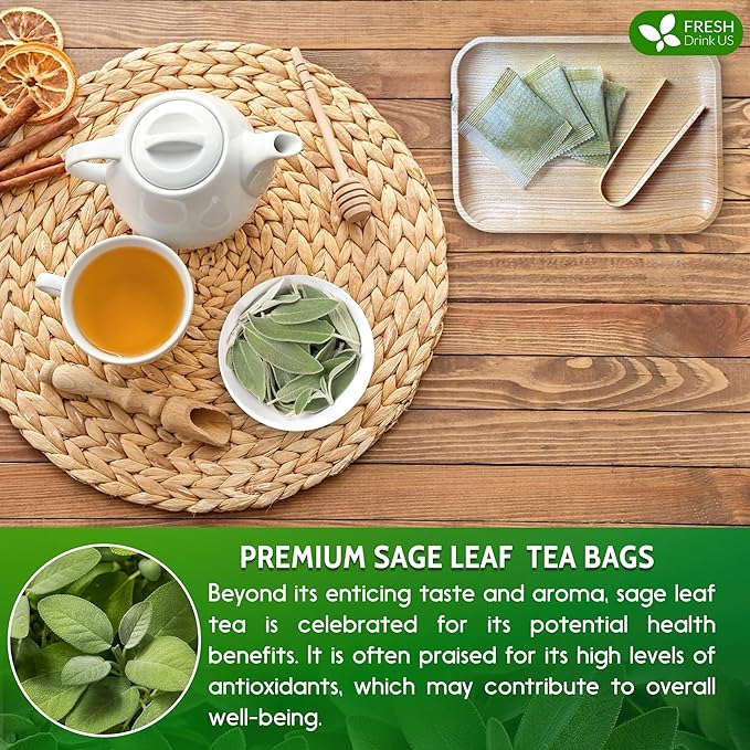 FreshDrinkUS, Premium 55 Sage Leaf Tea Bags, 100% Natural & Pure from Sage Leaves. Loose Leaf Herbal Tea. Made with Natural Material Tea Bags. No Sugar, No Caffeine, No Gluten, Vegan.