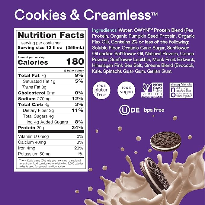 OWYN Only What You Need Plant Based Protein Shake, 20g Vegan Protein from Organic Pumpkin Seed, Flax, Pea Blend, Prebiotic Supplement, Superfood Greens, Gluten & Soy-Free (Cookies & Creamless)