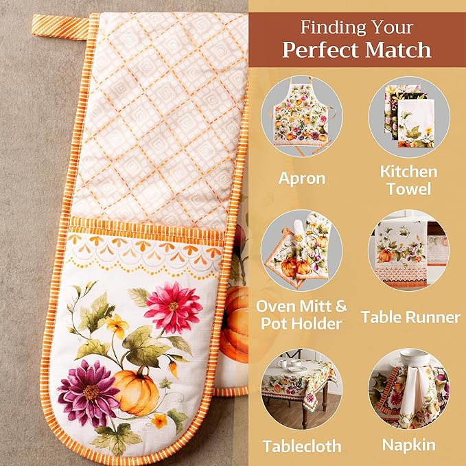 Maison d' Hermine Double Oven Mitts 100% Cotton 7"x35" Double Oven Mitt Heat Resistant BBQ Cooking Gloves with Loop, Baking, Grilling, Home, Kitchen, Handling Hot Pans (Pumpkin Garden - Cloudy Cream)