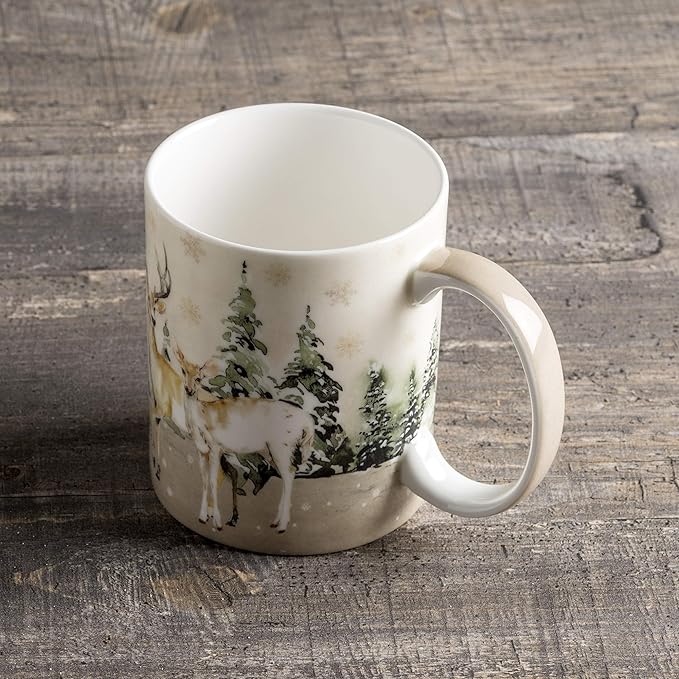 Maison d' Hermine Coffee Mug with Handles Fine Bone China Mugs Pack of One Tea Cups for Hot Beverages Cappuccino Latte Home Office Perfect for Gift (Deer In The Woods - Forest Deer, 12 Ounce)