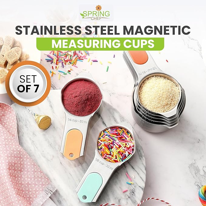 Spring Chef Magnetic Stainless Steel Measuring Cups (Patent Pending), Kitchen Tools with Easy to Read Markings for Measuring Dry or Liquid Ingredients, Set of 7, Desert Sunset