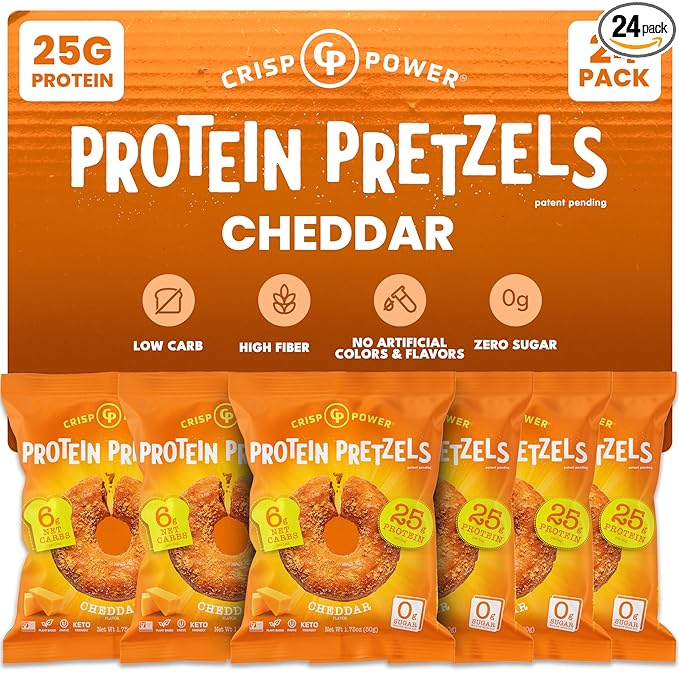Crisp Power Protein Pretzels, NEW Cheddar, High Protein Vegan Keto Snack, 25 G Plant Based Protein, Low Carb Crunchy Pretzel Snacks, No Added Sugar, No Seed Oils, 1.75 oz Bags, 24 Pack