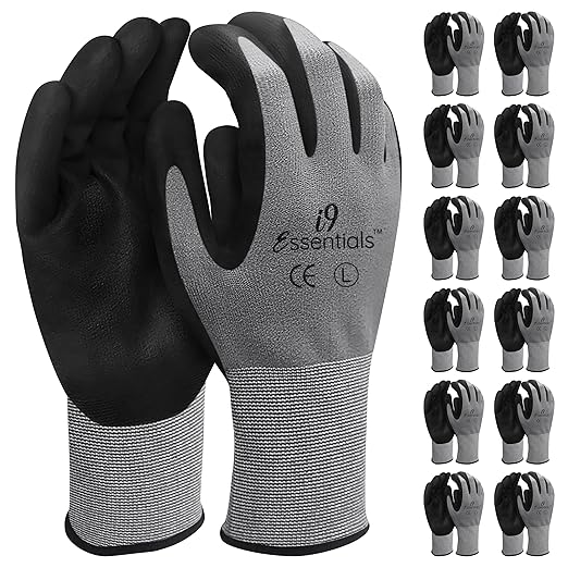 I9 Essentials Safety Work Gloves – 12 Pairs MicroFoam Nitrile Coated, Seamless Nylon Knit Grip Gloves for Construction, Home Improvement, Gardening, Mechanics, Automotive – Large, Breathable