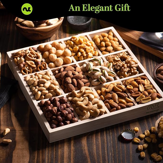 NUT CRAVINGS - Thanksgiving Mixed Nuts Gift Basket in Reusable Wooden Tray + Heart Ribbon (12 Assortments) Holiday Xmas Christmas Food Arrangement, Healthy Snack Care Package