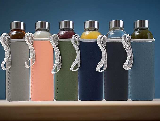 Epica glass bottles with lids – 18oz glass water bottles, reusable juice bottle with lids for storing juices, reusable water bottle durable & ecofriendly set of 6 with Sleeves