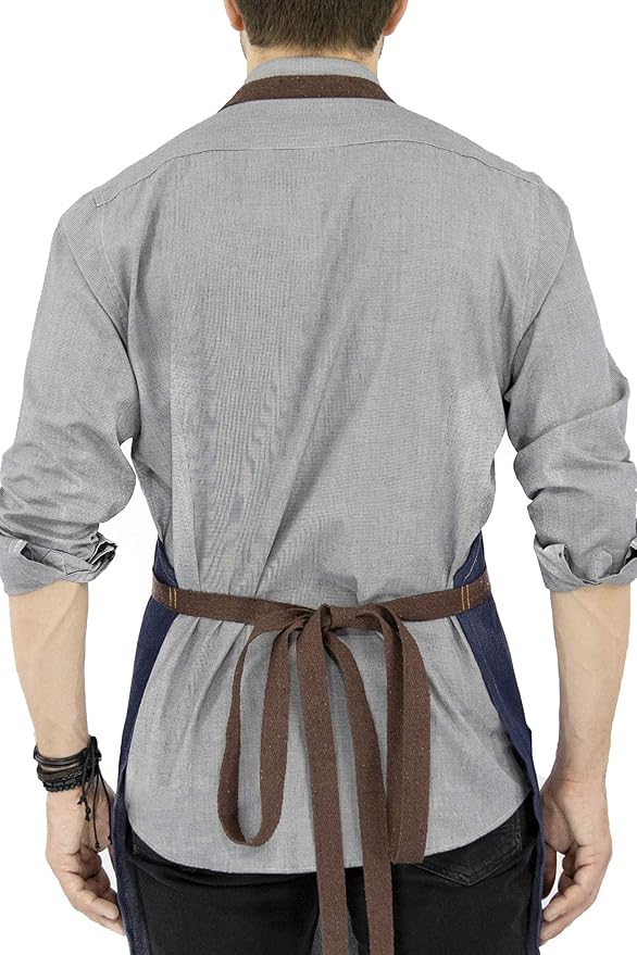 Under NY Sky Chef Apron – Professional Blue Denim – Cotton Straps - Smart Pockets - Adjustable for Men and Women – Pro Chef, Cook, Kitchen, Baker, Barista, Bartender, Server Aprons