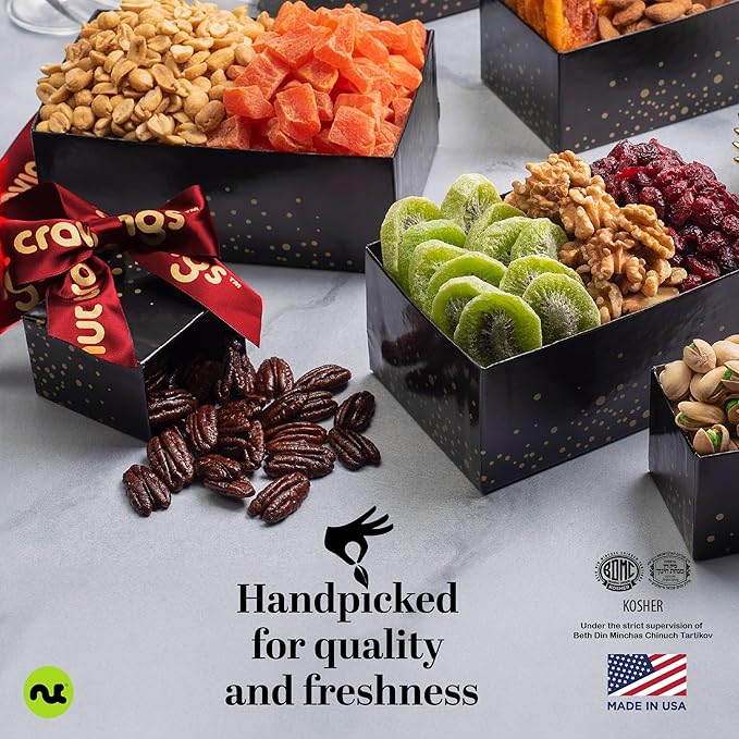 NUT CRAVINGS - Thanksgiving Mixed Nuts Gift Basket Black Tower + Heart Ribbon (12 Assortments) Holiday Xmas Christmas Food Arrangement, Healthy Snack Care Package, Food Assortments