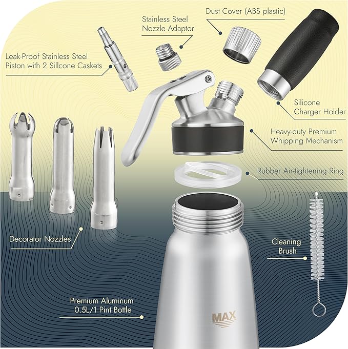 CURTA Stainless Steel Professional Whipped Cream Dispenser, Leak-Free Cream Whipper, Cream Maker with 3 Decorating Tips & Cleaning Brush, 500ml / 1 Pint Canister, N2O Charger (Not Included)
