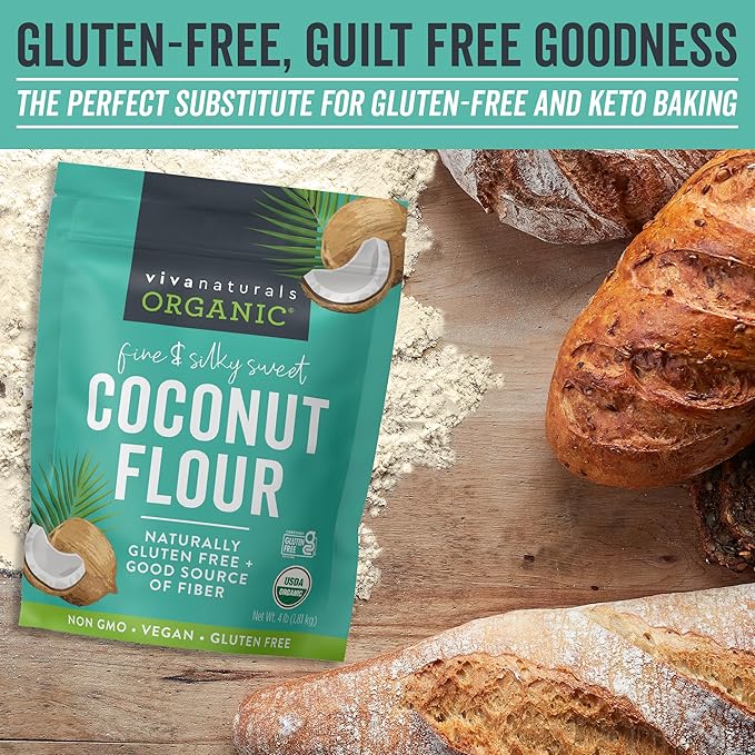 Viva Naturals Organic Coconut Flour, 4 lbs (1.81 kg) – Gluten Free Flour for Keto, Paleo & Vegan Baking, Good Source of Fiber, Low Fat, Non-GMO, Unbleached & Unrefined