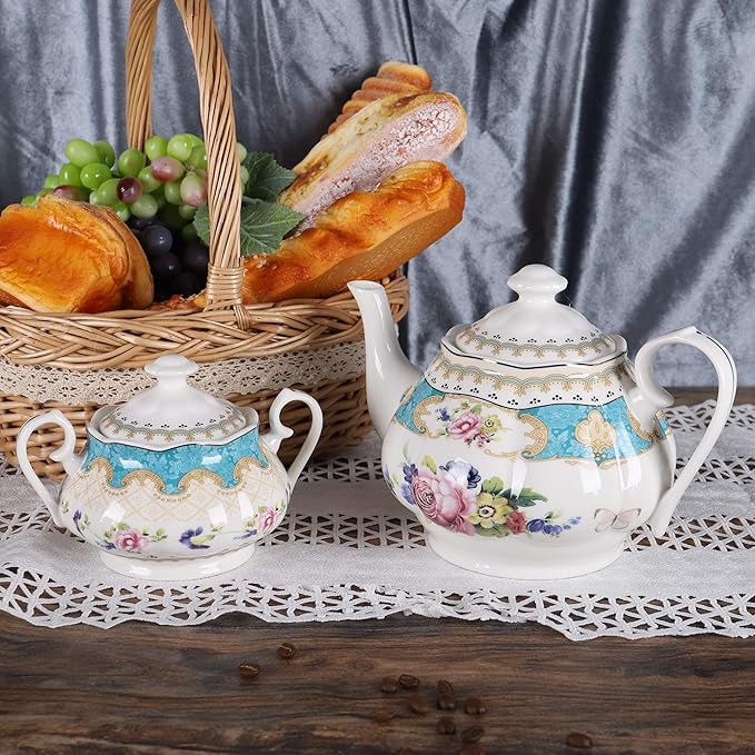fanquare 15 Pieces European Retro Rose Tea Set,English Flora Tea Set for Adults,Porcelain Coffee Set