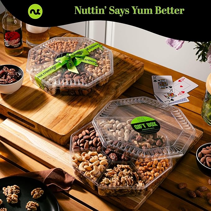 NUT CRAVINGS - Thanksgiving Mixed Nuts Gift Basket in Green Gold Box (7 Assortments, 1 LB) Holiday Xmas Christmas Food Arrangement, Healthy Snack Care Package, Food Assortments